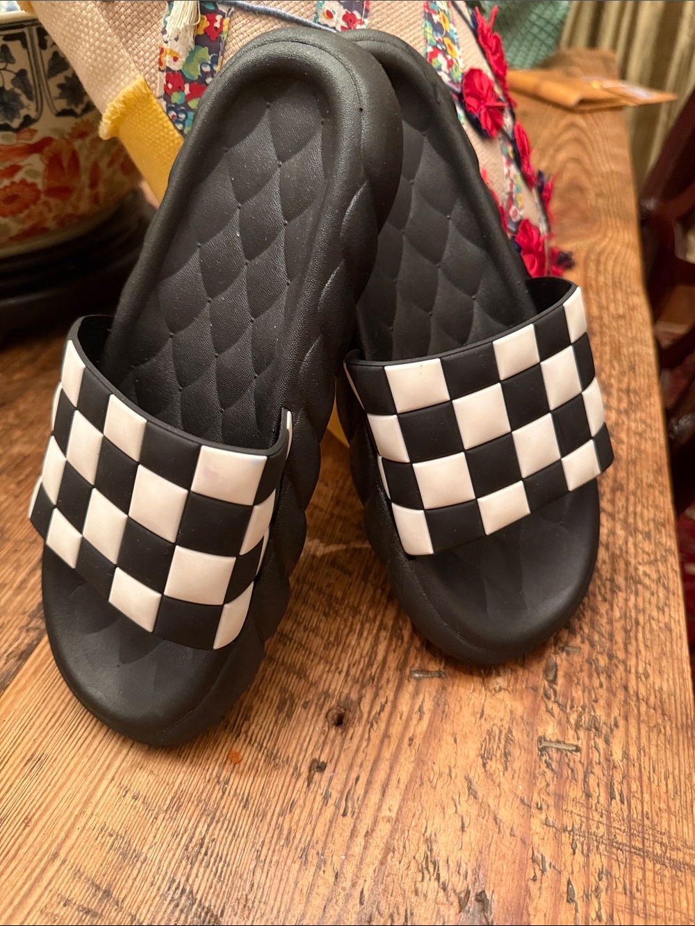 Black Slides with Black-and-White Checker Strap McKenzie Childs flavor slides